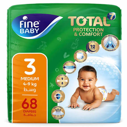 Fine Mega Total Baby Diapers Medium Size 3 (4-9 kg) - 68 Pcs