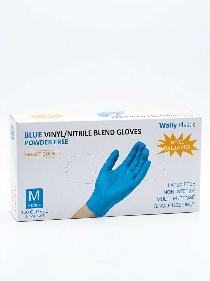 Wally Plastic Blue Vinyl/Nitrile Blend Powder-Free Gloves, Latex-Free - Medium (100 Pack)
